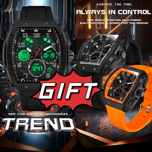 Miniatura 7 de Relojes para hombre, únicos rectángulos, reloj de pulsera blanco con pantalla digital analógica de doble hora, cronómetro de cuenta regresiva, Negro