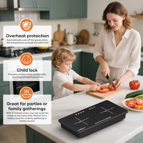 Miniatura 5 de Quemador de inducción doble de 1800 W, panel de patrón cruzado mínimo, 2 zonas de cocción de 900 W, control táctil, 8 niveles de potencia, Negro