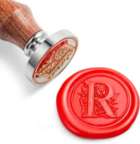 Miniatura 22 de Sello de cera Mceal, sello grande 1 1/5"(30mm) de diámetro, cabeza de latón plateado con mango de madera, serie de letras A a Z de estilo regio