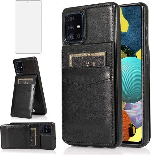 Funda de teléfono para Samsung Galaxy A71 5G con protector de pantalla de vidrio templado y tarjetero para tarjetas de crédito, soporte de piel,
