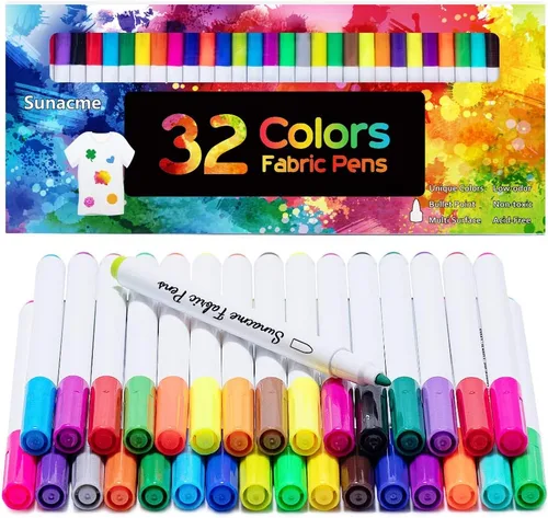 sunacme Rotuladores de tela, 32 colores permanentes para camisetas, juego de rotuladores de pintura fina para lienzo, bolsos, sombreros, zapatillas