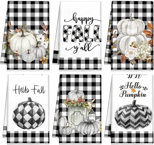 Mixweer 6 toallas de cocina de Acción de Gracias, toalla de mano de calabaza blanca y negra de 16 x 24 pulgadas, diseño de búfalo de otoño a cuadros