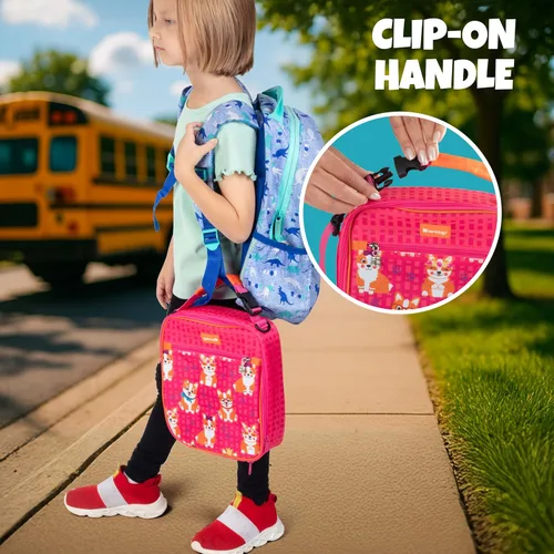 Miniatura 4 de Bentology Bolsa de almuerzo aislada para niños, correa ajustable 2 en 1 para lonchera o transporte manos libres, impermeable, resistente a las Corgi