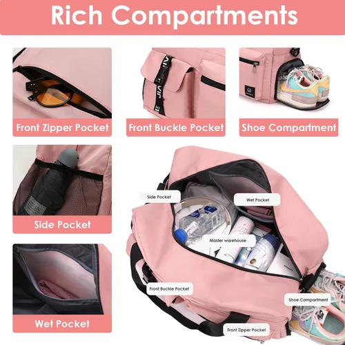 Miniatura 7 de Pequeña bolsa de viaje para mujeres y hombres, bolsas de gimnasio con bolsillo húmedo y compartimento para zapatos, bolsa de hospital de compras