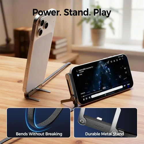 Miniatura 4 de Cable de carga rápida trenzado de 240 W con soporte para teléfono integrado, cable de carga USB-C a USB-C duradero en forma de T 2026, cable de negro