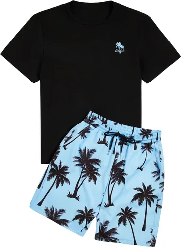 Miniatura 55 de GORGLITTER Conjunto de 2 piezas de camiseta gráfica de manga corta para hombre, estampado hawaiano con cordón y pantalones cortos