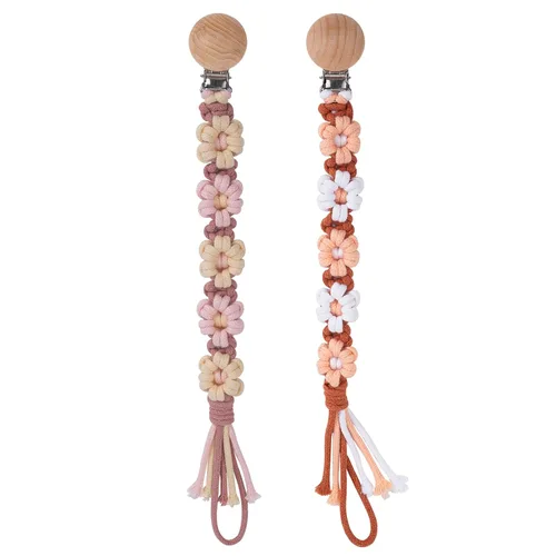 Miniatura 20 de Clip para chupete para niños y niñas, diseño de margaritas florales, macramé, clip para chupete, correa bohemia de madera hecha a mano de algodón