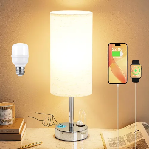 Miniatura 7 de Lámparas de mesita táctiles negras para niñas - Lámpara de noche pequeña con puertos de carga USB-C y USB, lámpara de mesa de control de 3 vías