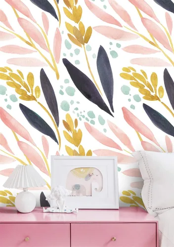 Miniatura 4 de HaokHome - Papel tapiz adhesivo para repisas, vinilo, bosque en acuarela, diseño floral, color blanco, rosa, azul marino y amarillo, removible, 17.7