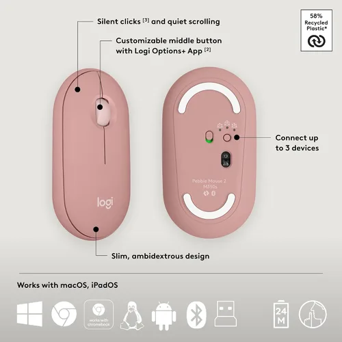 Miniatura 7 de Logitech Pebble 2 Combo, teclado y mouse inalámbricos, silencioso y portátil, personalizable, perno logi, Bluetooth, fácil de cambiar para PC, Mac