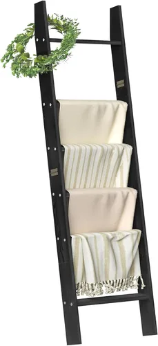 Miniatura 16 de HONEST OUTFITTERS Escaleras para Mantas para la Sala de Estar, Soporte de Mantas de 5 Niveles, Estante de Mantas Inclinado en la Pared, Estantes