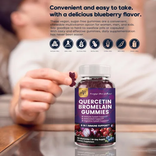Miniatura 6 de Paquete de 2 gomitas de quercetina con bromelina, zinc, saúco, vitamina C D3 K2, suplemento de quercetina de 1000 mg con bromelina de 500 mg