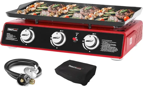 Royal Gourmet PD1301R Plancha de mesa de propano de 3 quemadores con cubierta, parrilla portátil de 24 pulgadas con salida de 25,500 BTU para Rojo