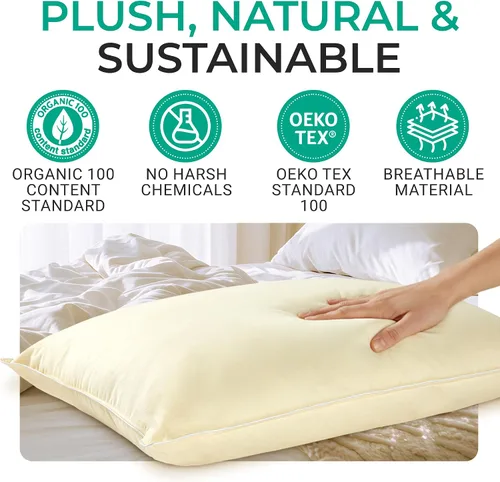Miniatura 4 de Cheer Collection Juego de 2 almohadas orgánicas Kapok para cama, almohadas de dormir rellenas de fibra natural Kapok con carcasa de algodón