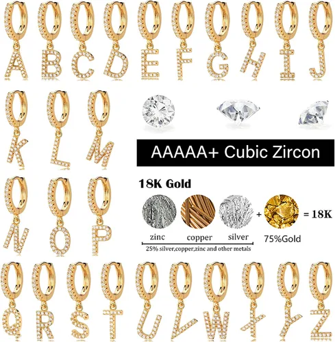 Miniatura 4 de Mevecco Aretes de aro de oro delicado de 18 quilates con circonita cúbica en pavé con iniciales A-Z de 26 letras personalizadas, diminutas colgantes