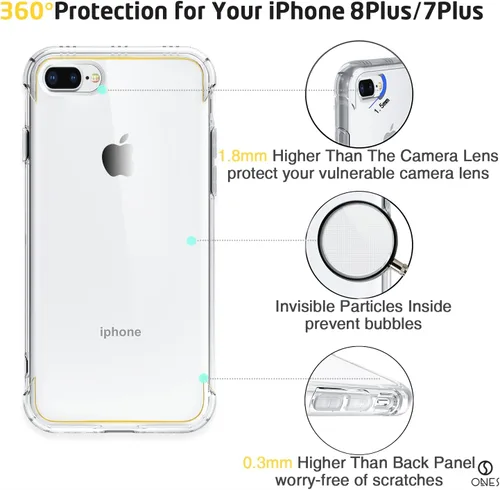 Miniatura 5 de ONES Funda transparente para iPhone 8 Plus/7 Plus, funda delgada de silicona TPU suave, funda protectora militar contra caídas para teléfono