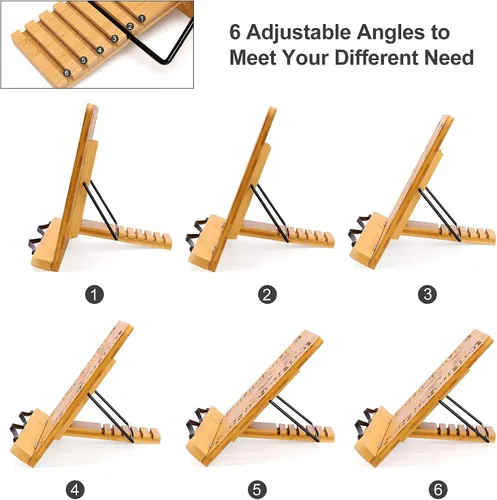 Miniatura 5 de MEGREZ Soporte de bambú para libros de 13.2 x 9.4 pulgadas, soporte plegable para libros de cocina con 6 alturas ajustables, soporte para libros