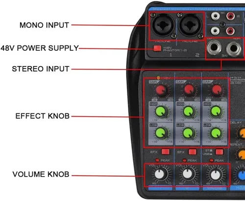 Miniatura 5 de Mezclador de audio para DJ, mezcladores de DJ, tablero de sonido de 4 canales con Bluetooth, tablero mezclador de sonido XLR/interfaz de 1/4