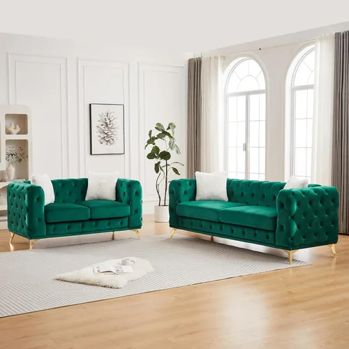 Miniatura 16 de KEIKI Sofá Chesterfield de terciopelo de lujo de 61 pulgadas con 2 almohadas, estilo mediados de siglo con botones copetudos de 2 plazas con cojines