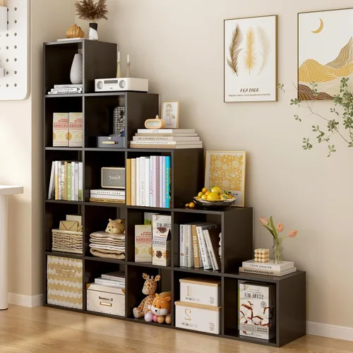 OSCHF Estantería de almacenamiento en forma de cubo escalera, estante esquinero de 5 niveles en forma de L, organizador reversible de 15 cubos para