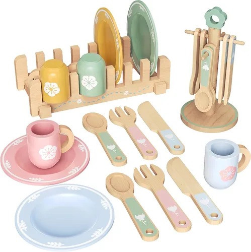Juego de cocina de 20 piezas con platos y platos de juguete de madera, juguetes de cocina Montessori para niñas y niños, accesorios de cocina de