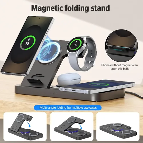Miniatura 5 de Cargador inalámbrico magnético para Samsung, 6 en 1 para estación de carga Samsung, teléfono dual de 30 W con interruptor automático de luz y reloj