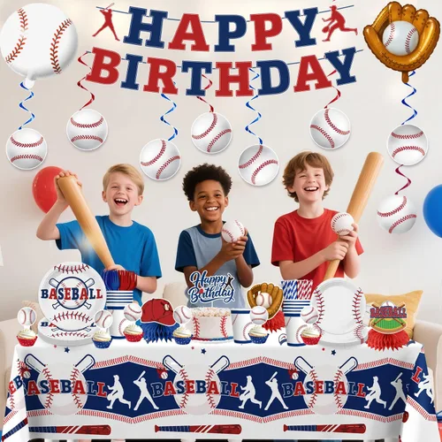 Miniatura 7 de Xynic Juego de vajilla de 202 piezas de decoración de cumpleaños de béisbol para 25 invitados, decoraciones de fiesta de béisbol incluyen pancarta