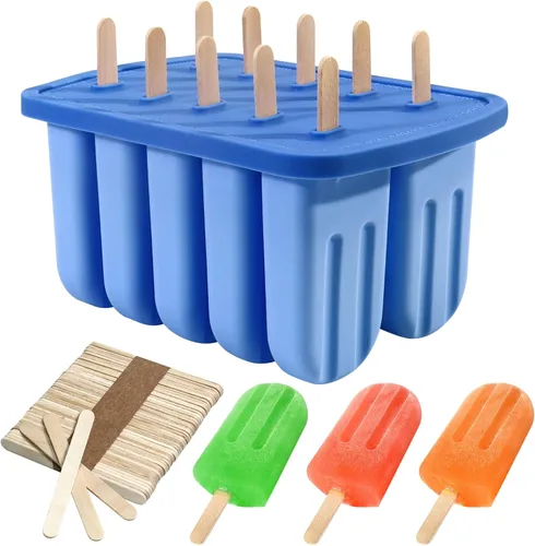 10 Cavity Silicone Popsicle Molds with 50 Sticks, BPA Free (10 Cavties-Blue)