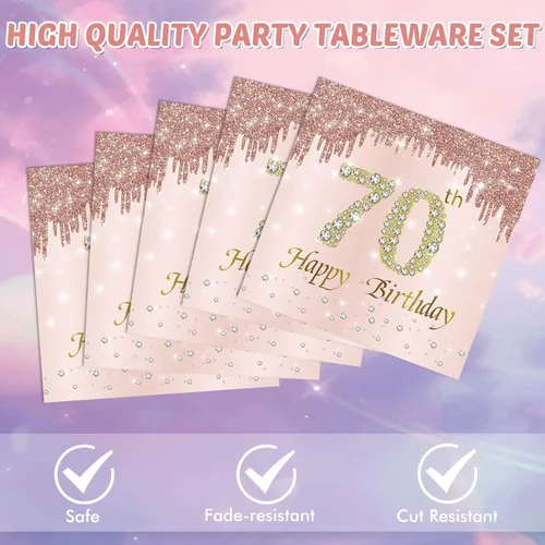 Miniatura 4 de Decoraciones de cumpleaños número 70 para mujer, decoraciones de cumpleaños número 70, platos y servilletas de oro rosa, decoraciones de cumpleaños