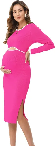 Miniatura 2 de FUNJULY Vestido de maternidad de manga larga para mujer, estilo casual, cuello redondo, recortado, de punto acanalado, ajustado, vestido de tubo