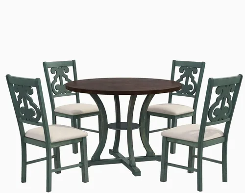 Miniatura 8 de Bellemave Juego de mesa de comedor redonda de madera de 5 piezas y 4 sillas tapizadas, juego de comedor retro para 4 personas, ideal para cocina