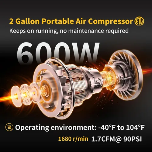 Miniatura 2 de Compresor de aire portátil de 2 galones 0.75HP 1.7 CFM@90PSI 60dB Compresor de aire ultra silencioso sin aceite para inflar neumáticos Herramienta