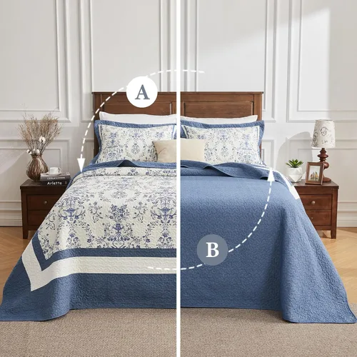 Miniatura 7 de PANGUSHAN Colcha de gran tamaño de 102 x 120 pulgadas, 100% algodón, reversible, medallón floral, granja, XL, juego de ropa de cama de gran
