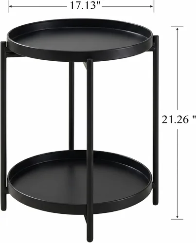 Miniatura 3 de TeoKJ Mesa auxiliar redonda de 2 niveles, mesa auxiliar redonda plegable de metal, mesita de noche pequeña con dos bandejas extraíbles