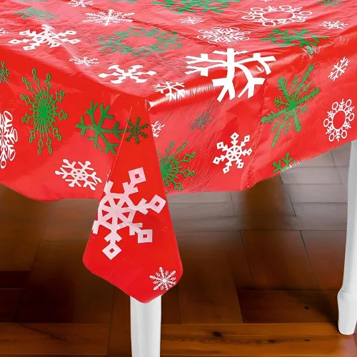 Miniatura 3 de Fun Express Rollo de mantel estampado de copo de nieve rojo para Navidad (100 pies de largo y desechable) suministros de fiesta
