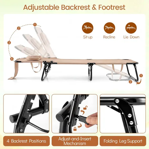 Miniatura 5 de COSTWAY Silla de bronceado con agujero facial, almohadas y respaldo ajustable de 4 posiciones, portátil con bolsa de transporte, tumbona de playa