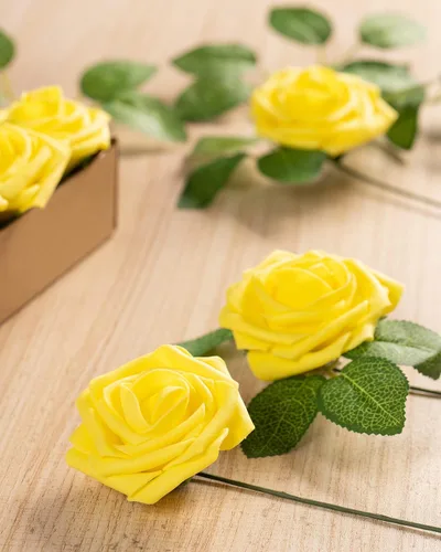 Miniatura 2 de DuHouse 25 piezas de rosas artificiales, flores falsas con tallos, de aspecto real, flores de espuma para bricolaje, ramo de novia, centro de mesa
