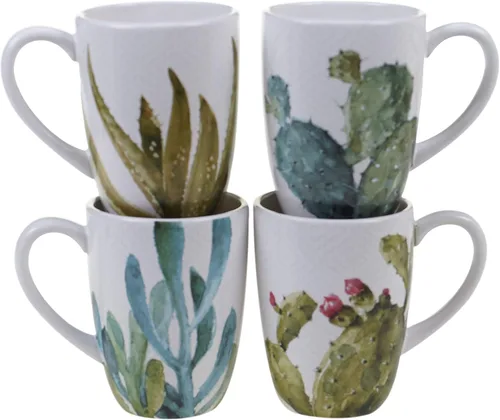 Cactus Verde - Juego de 4 tazas de cerámica grandes de 22 onzas, diseños de cactus de acuarela pintados a mano, tazas de café surtidas para amantes
