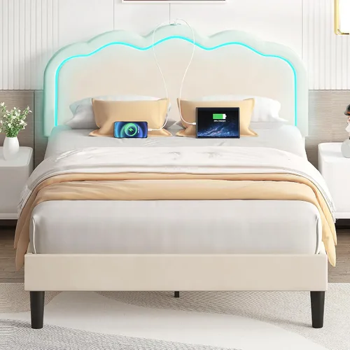 Miniatura 10 de VECELO Base de cama tapizada tamaño Queen con cabecero ajustable, luces LED, USB-A y tipo C, plataforma de terciopelo sin ruido, base de colchón