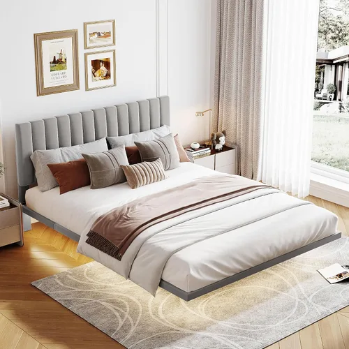 Miniatura 13 de Bonita cama tapizada de cuero con adorno de conejo, cama de plataforma de tamaño individual con cabecero y listones de madera, adecuada para niños