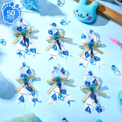 Miniatura 4 de Jexine 50 piezas de broche con lazo para baby shower, broche de cinta con chupete azul y oso para decoración de fiesta de revelación de género