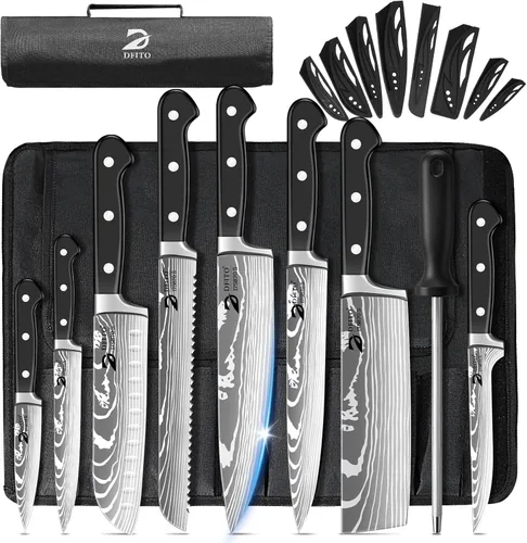 Dfito Juego de cuchillos de chef con bolsa de rollo, juego de 9 cuchillos profesionales con afilador, juego de cuchillos de cocina de acero Negro