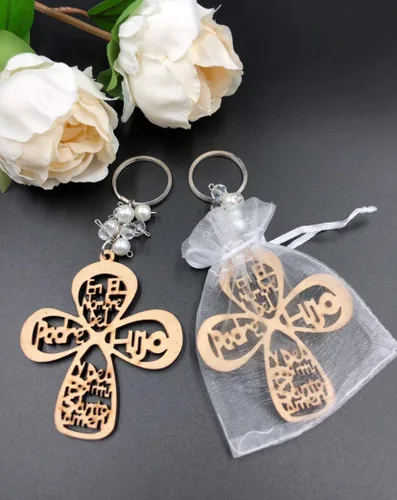 Miniatura 2 de 12pcs bautismo nuevo diseño cruz madera llavero confirmación/bautismo/comunión favores para niño o niña recuerdos de bautizo