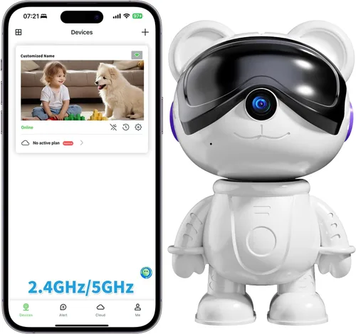 2K 3MP Cute Bear Cámara de seguridad para el hogar: 5G/2.4G WiFi Cámara interior para bebé/mascota/niñera - Vista de 360°, detección de humanos y