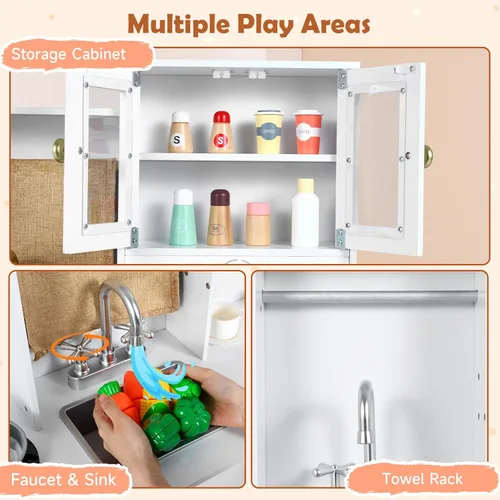 Miniatura 4 de INFANS Juego de cocina para niños, cocina de madera con luces realistas, sonidos, cafetera, lavavajillas, microondas, horno, cajones de tela Blanco