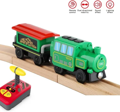 Miniatura 4 de Accesorios de pista de tren de madera, tren de locomotora a batería, tren de control remoto para niños pequeños, potentes vehículos de tren de motor