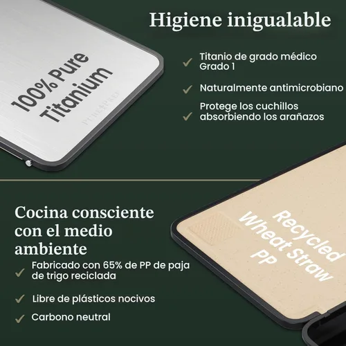 Miniatura 3 de PURE-PREP Tablas de Cortar de Titanio para Cocina - Tabla de Cortar de Doble Cara de Titanio Puro/Paja de Trigo PP con Bandeja Plegable, Rallador