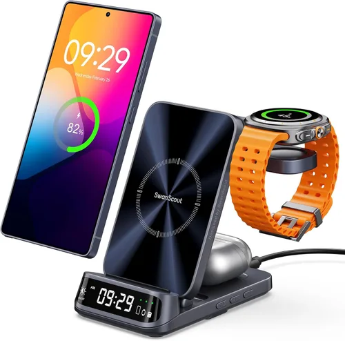 Estación de carga inalámbrica para Samsung S25 Ultra/S25/S24/S23/S22/Z Flip 7/Fold 6, cargador inalámbrico 3 en 1 para Galaxy Watch 8 Gris(Tech Grey)