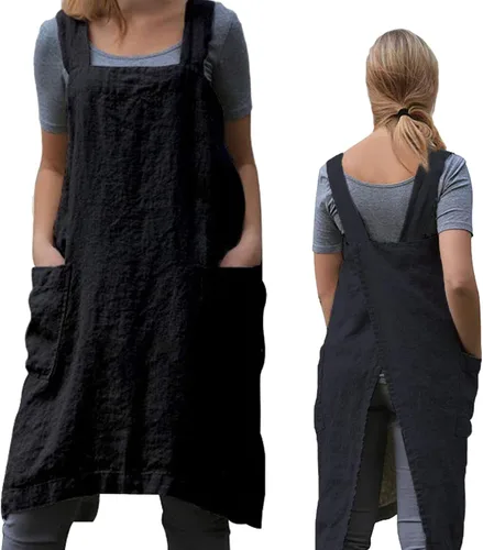 ZQFFB Pinafore - Delantal con espalda cruzada para mujer, con bolsillos, bata japonesa para el trabajo, jardinería, cocina, pintura, hornear