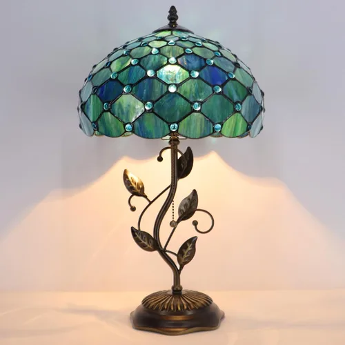 Miniatura 6 de Tiffany Table Lamp, Stained Glass Desk Light, W12H19 Inch, Metal Leaf Base (Sea Blue Pearl Style)